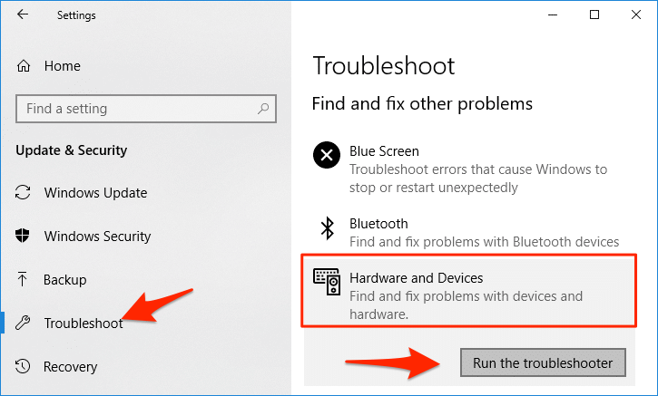 Run the Troubleshoot Hardware and Devices