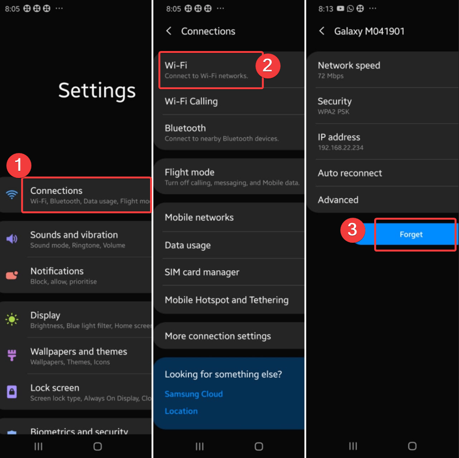 Settings, Connections, WiFi, Forget