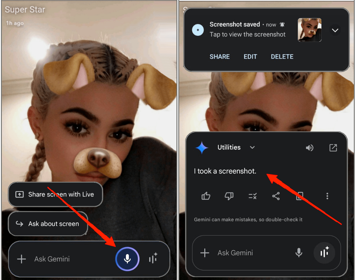 Say Take a screenshot and  Google Gimini will instantly capture whatever is on your screen including the snap.