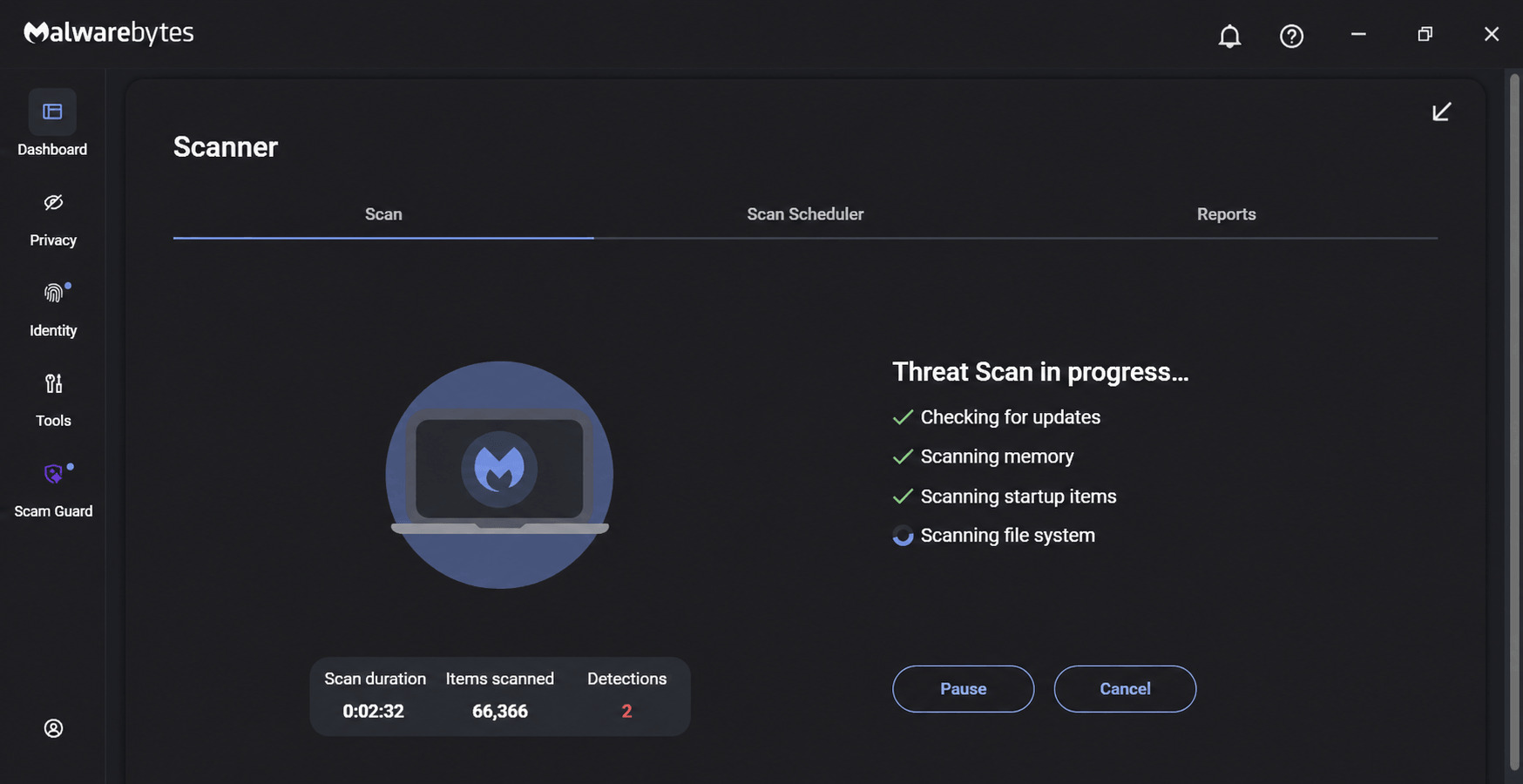 Scanning the PC with Malwarebytes