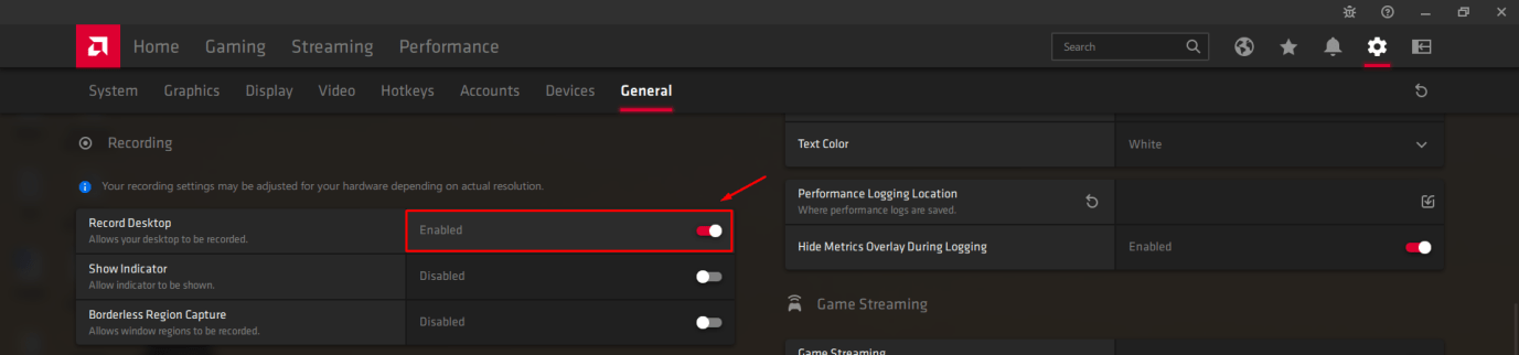 Scroll down a little to find “Recording” and then click on “Record Desktop” to enable:disable it