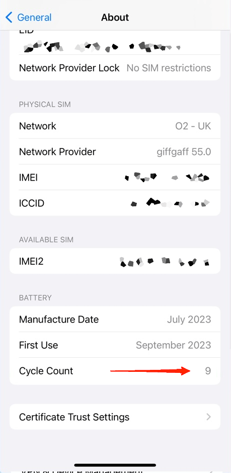 Under the Battery section, look for the number next to the option "Battery Cycle Count