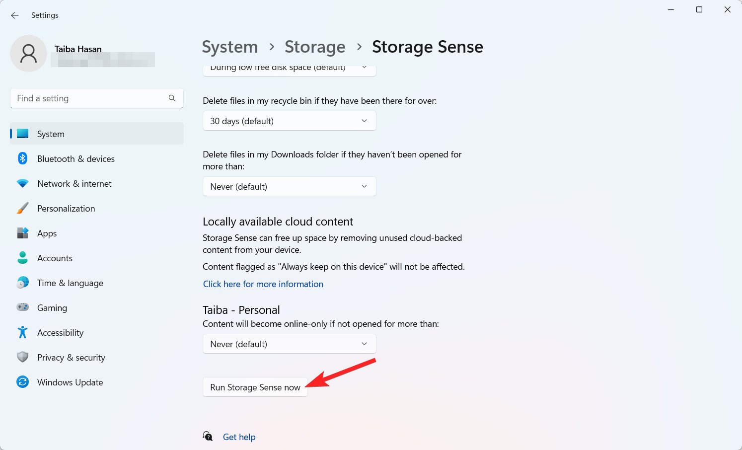 Scroll down and press the Run storage sense now button