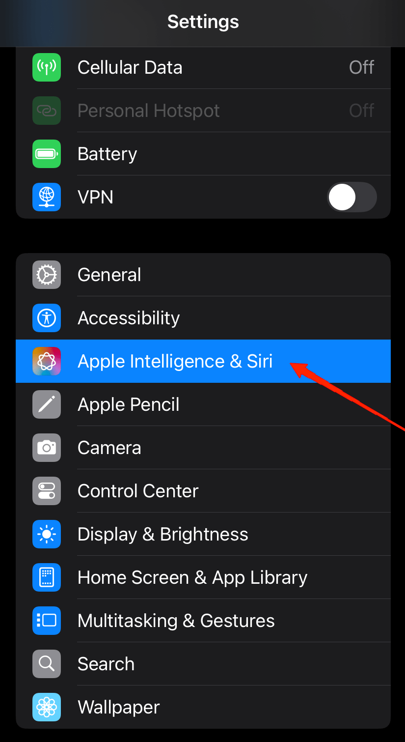 Scroll down and tap on Apple Intelligence.