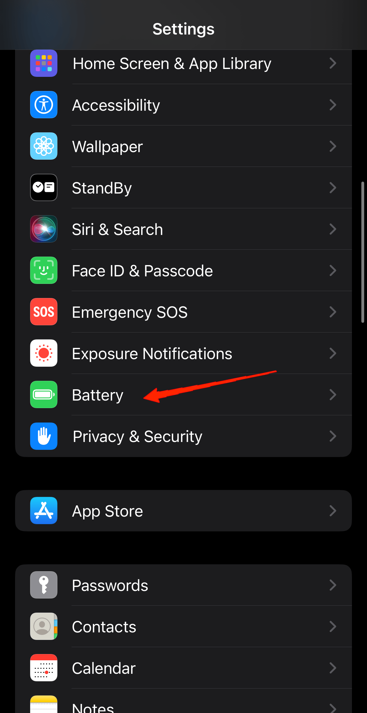 Scroll down and tap on Battery.