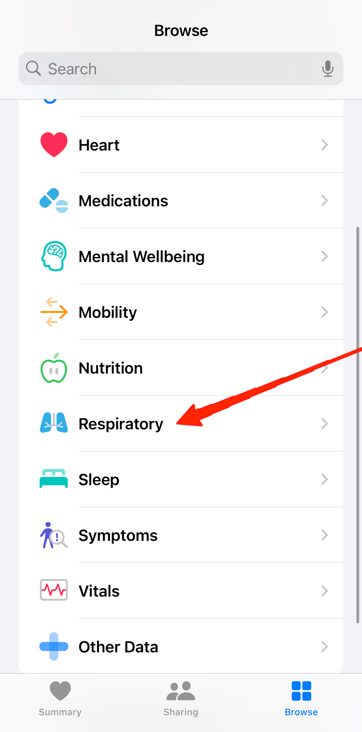 Scroll down and tap on the Respiratory option.