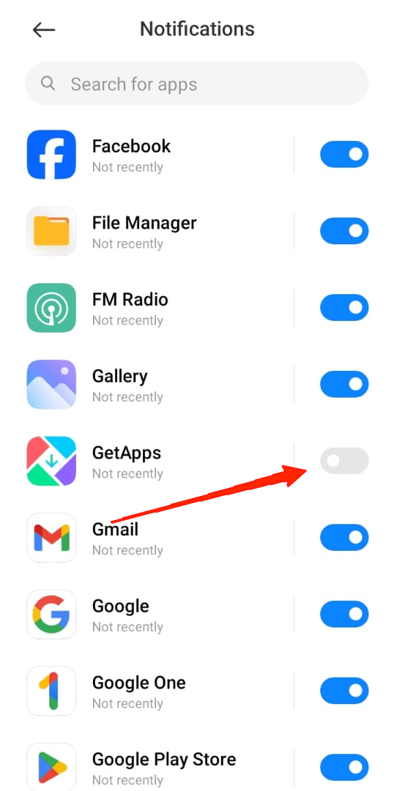 Scroll down locate the GetApps app and turn off its toggle to disable notifications.