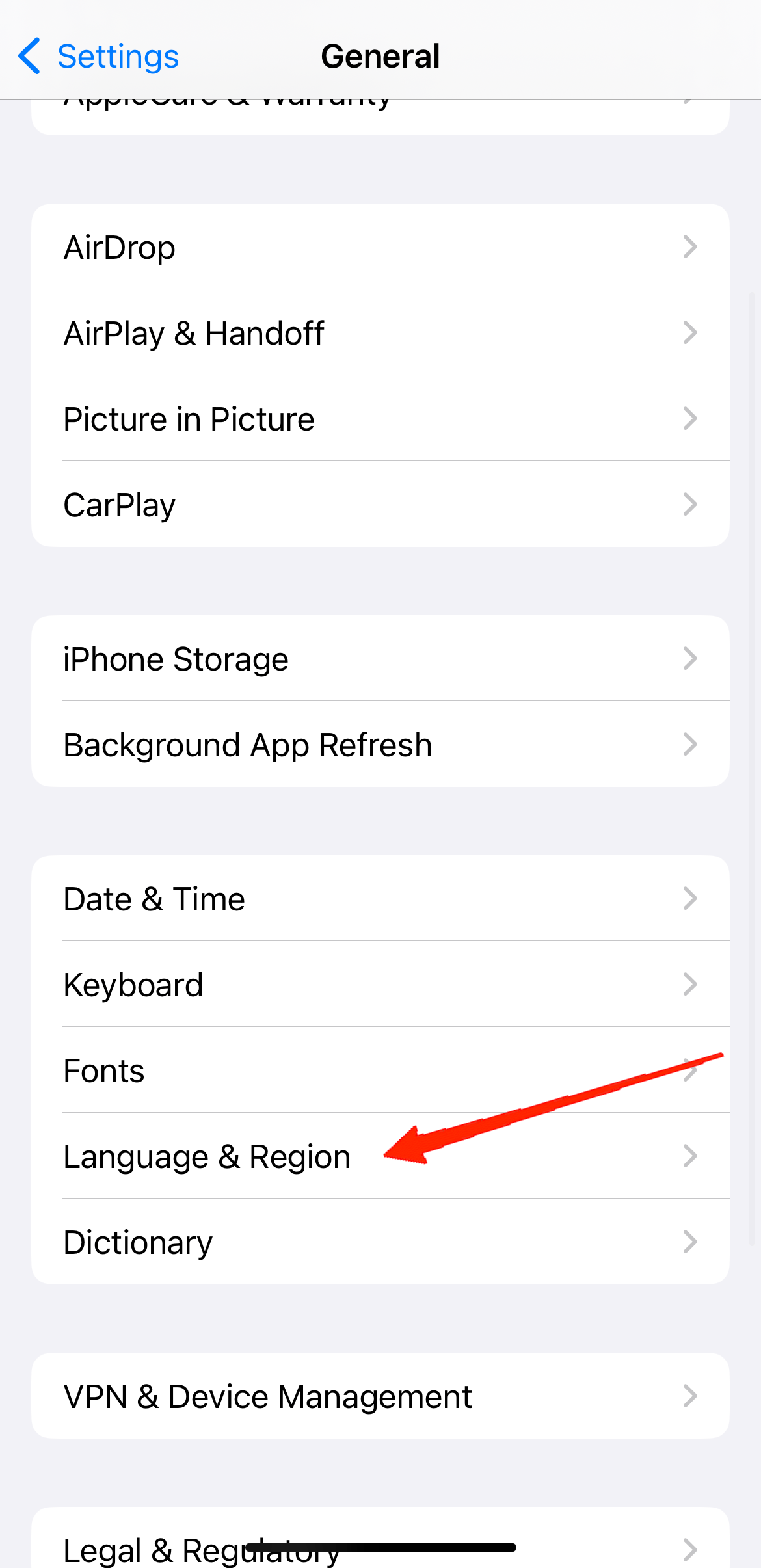 Scroll down to General and to Language & Region