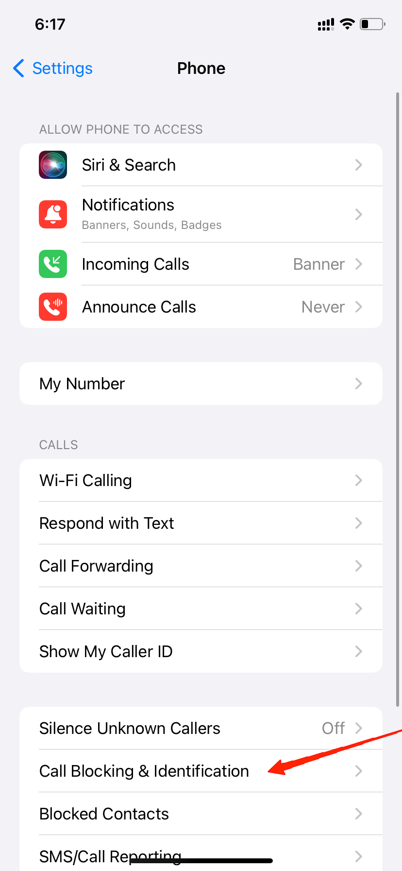 Scroll down to the call blocking and identification section.