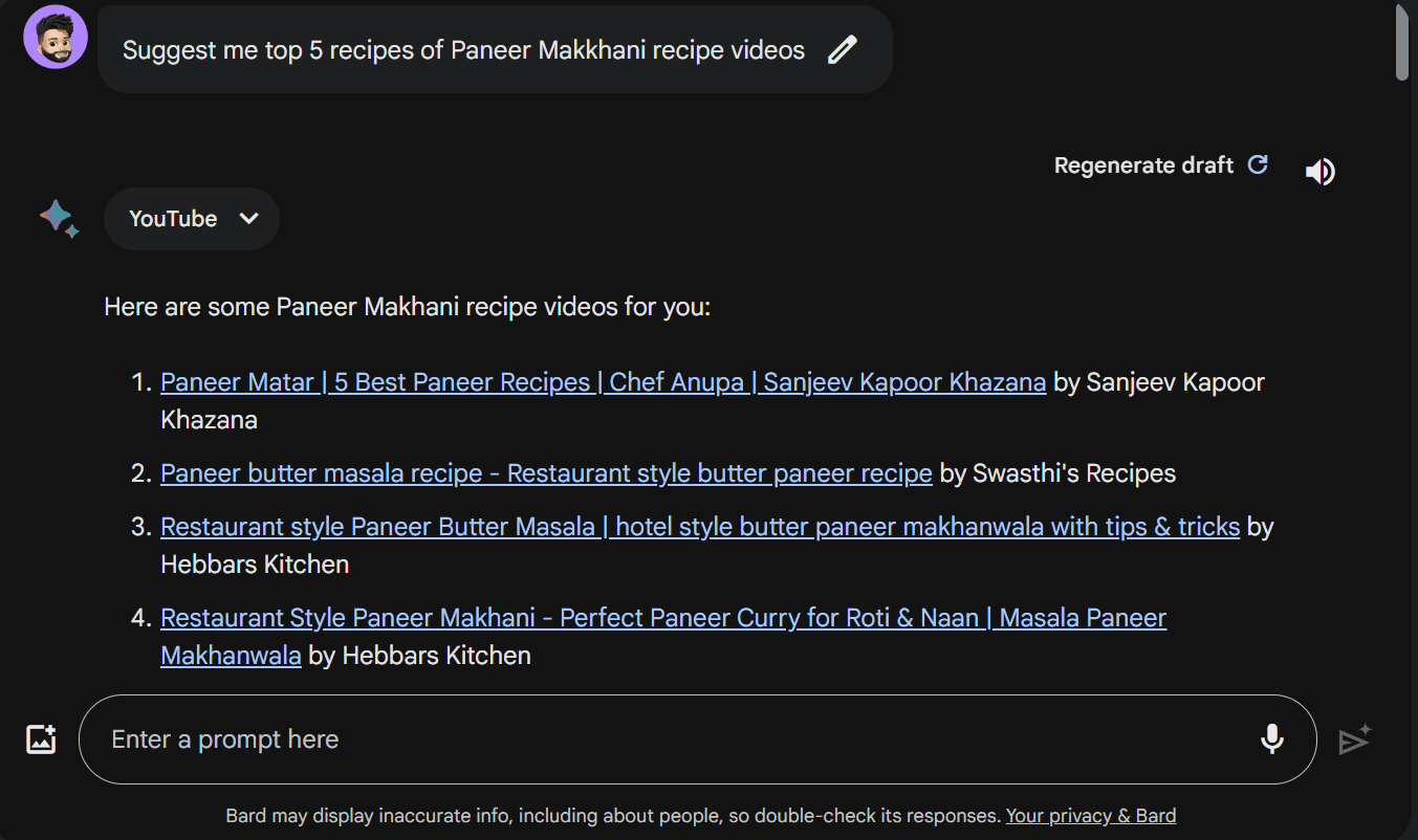 @YouTube Suggest me top 5 recipes of Paneer Makkhani recipe videos