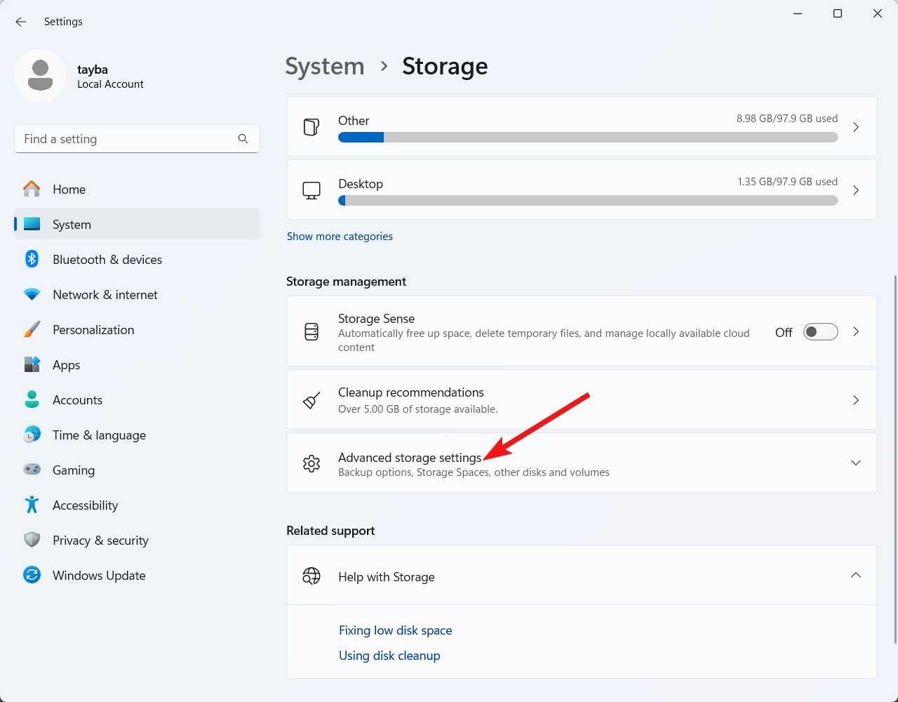 Select Advanced Storage settings