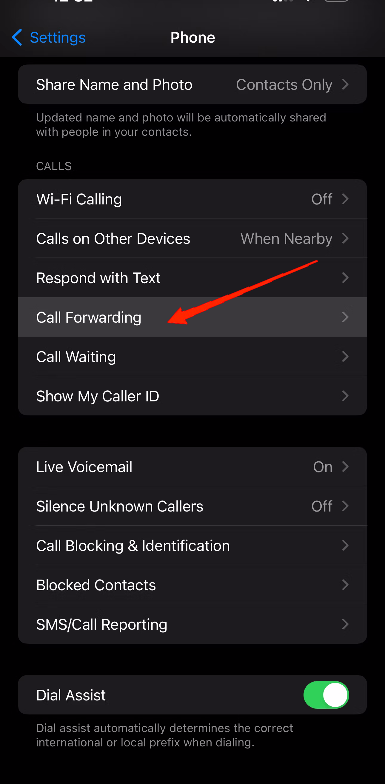 Select Call Forwarding from the available options.