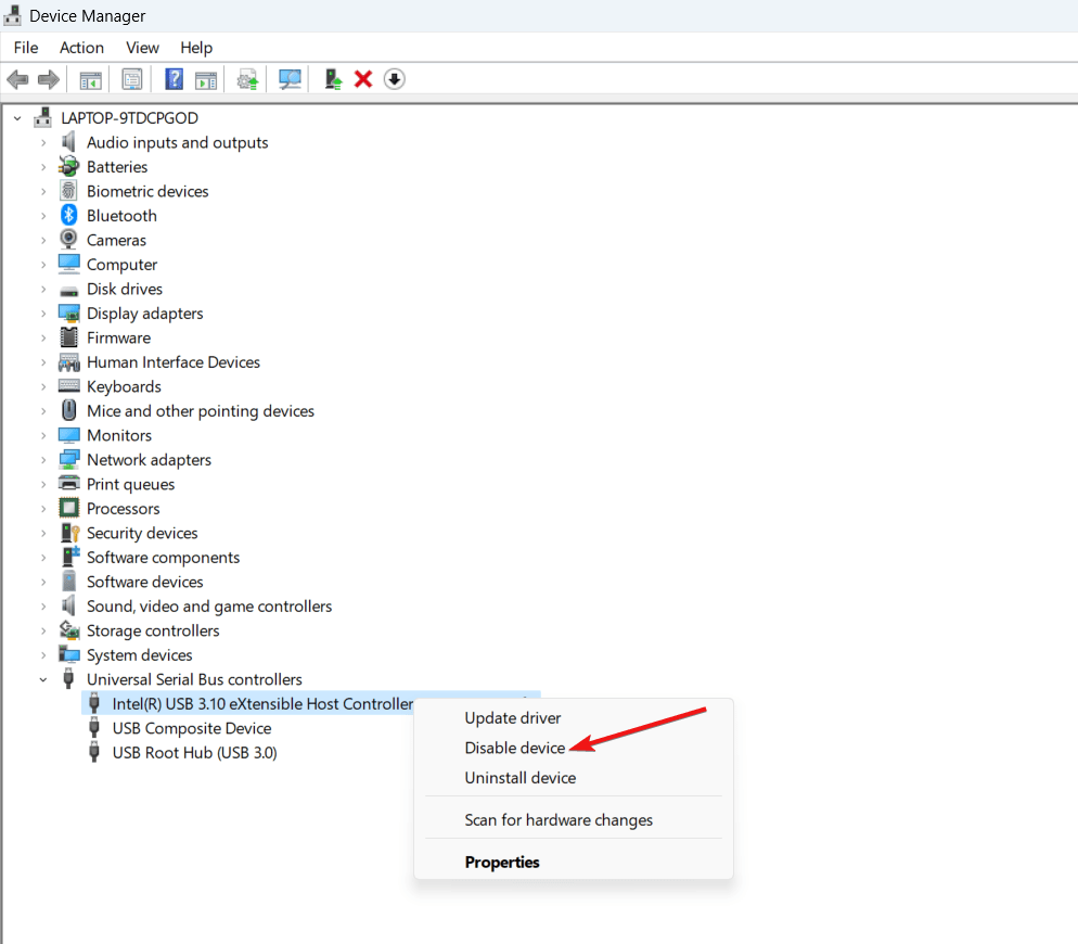 Select Disable Device from the context menu