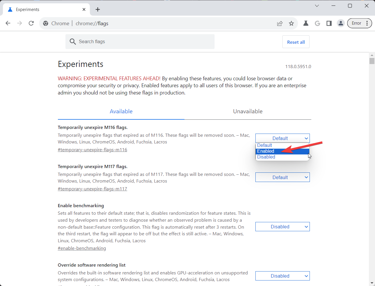 Выберите «Включено» в раскрывающемся списке, чтобы активировать флаги Chrome.
