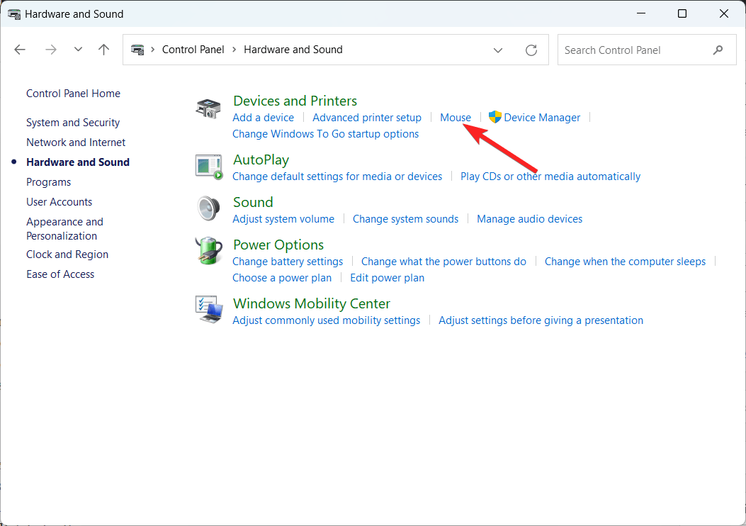 Select Mouse from the device and printer settings