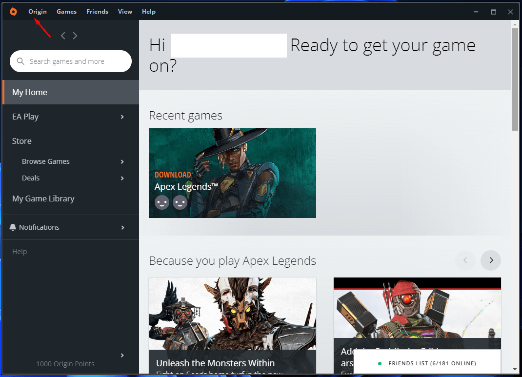 Select “Origin” located in the top menu