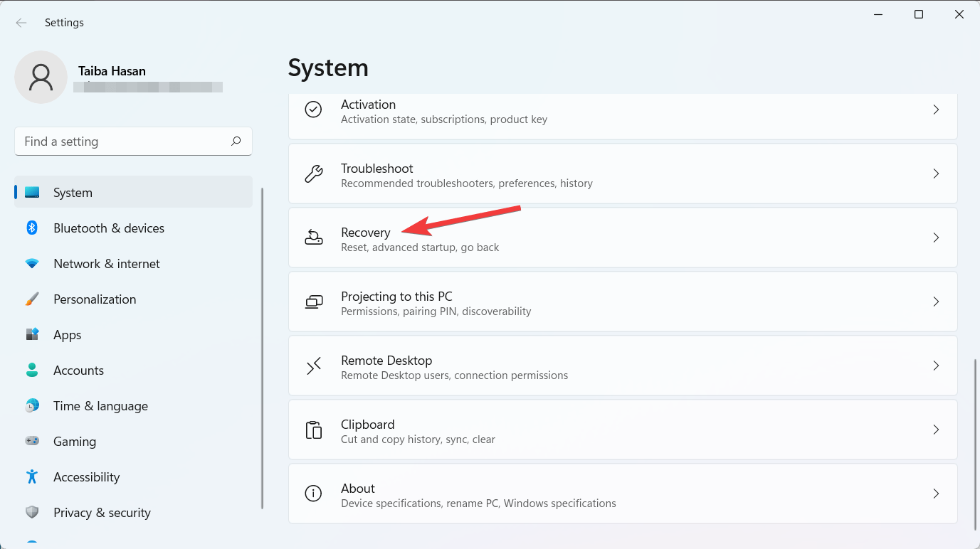 Select Recovery option from System Settings