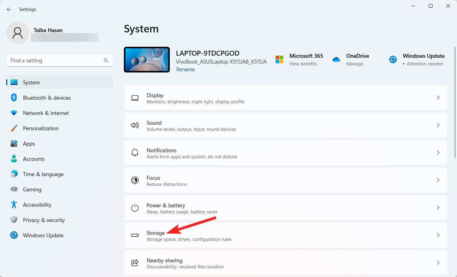Select Storage option from the System settings