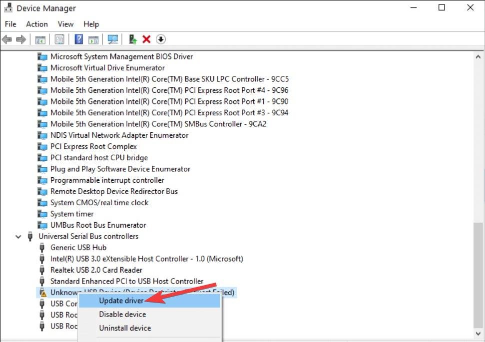 Select Update driver option from the context menu