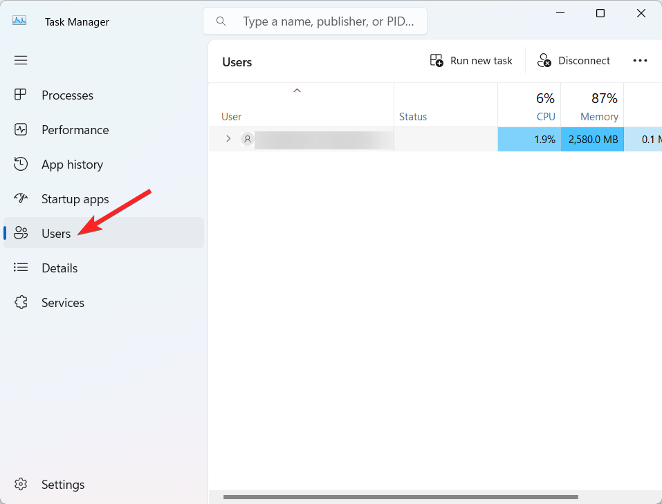 Select Users from the left pane of task manager