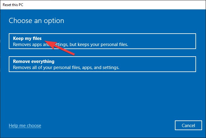 Выберите опцию «Сохранить мои файлы».