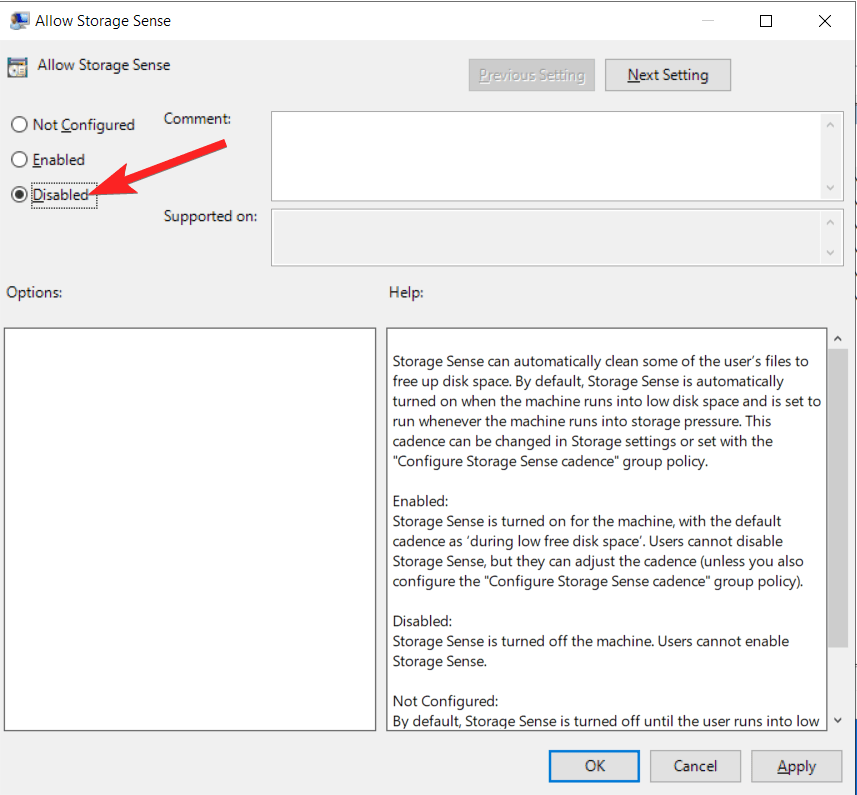 Select the Disabled option for Allow Storage Sense option