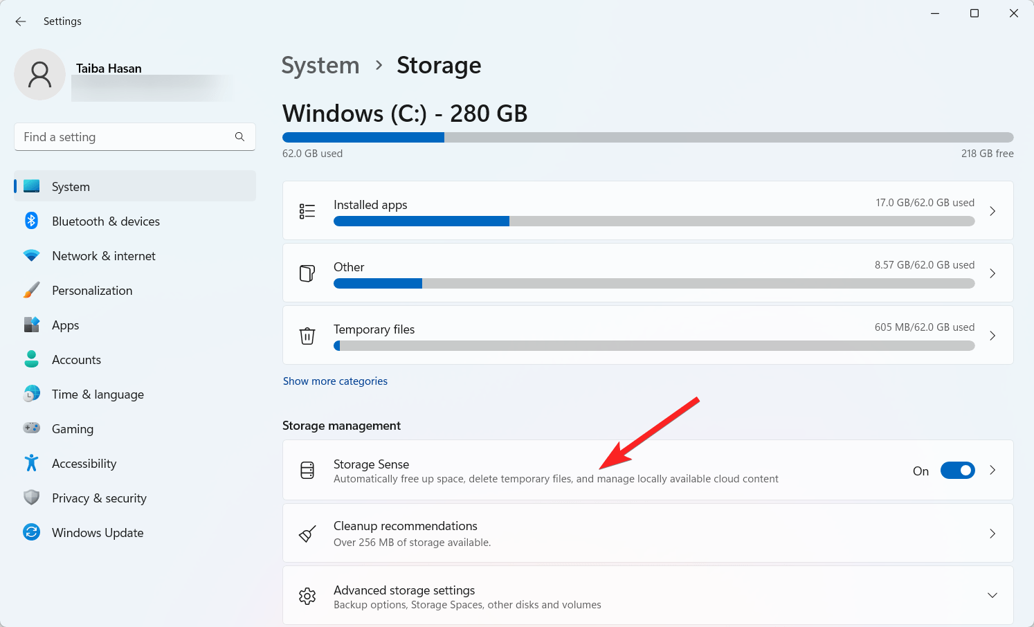 Select the Storage Sense option