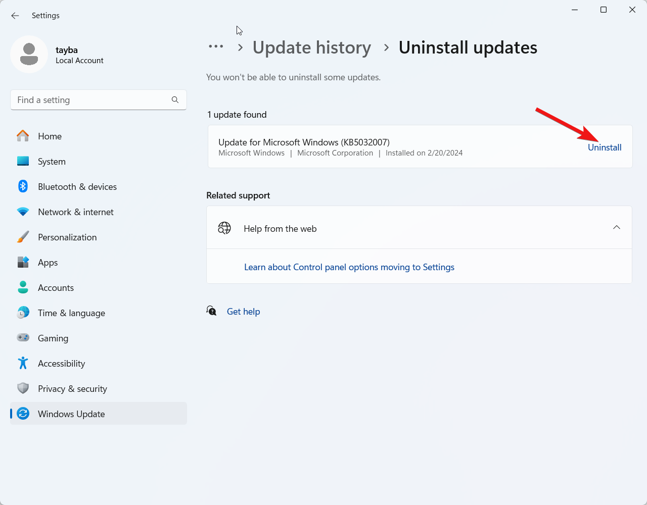 Select uninstall to uninstall Windows updates