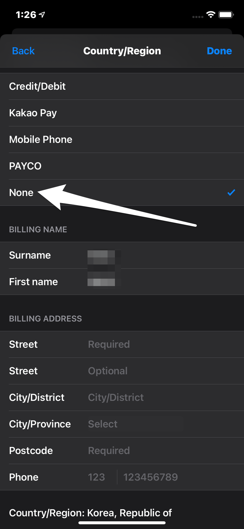 Select Payment None