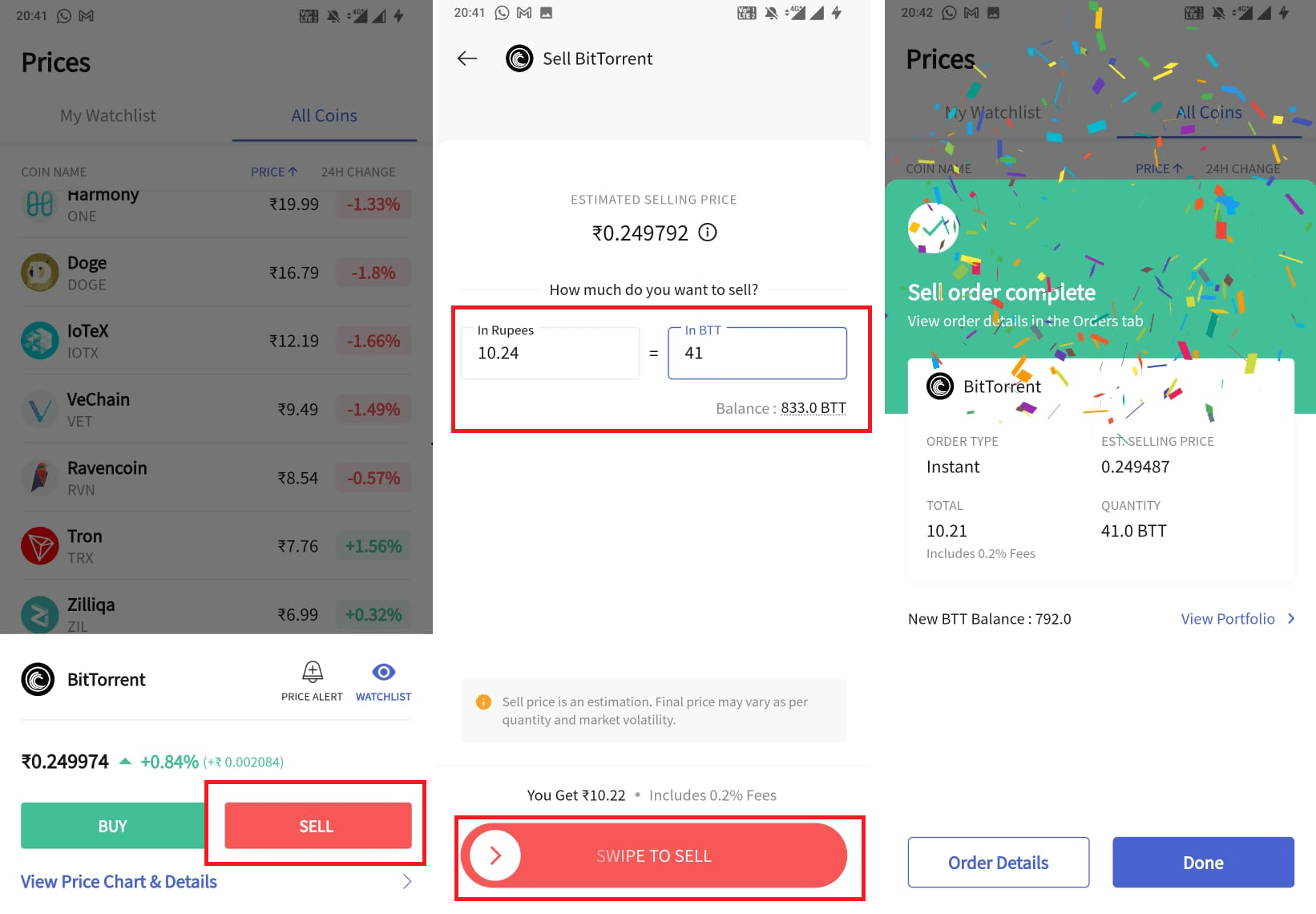 Selling BTT on CoinDCX