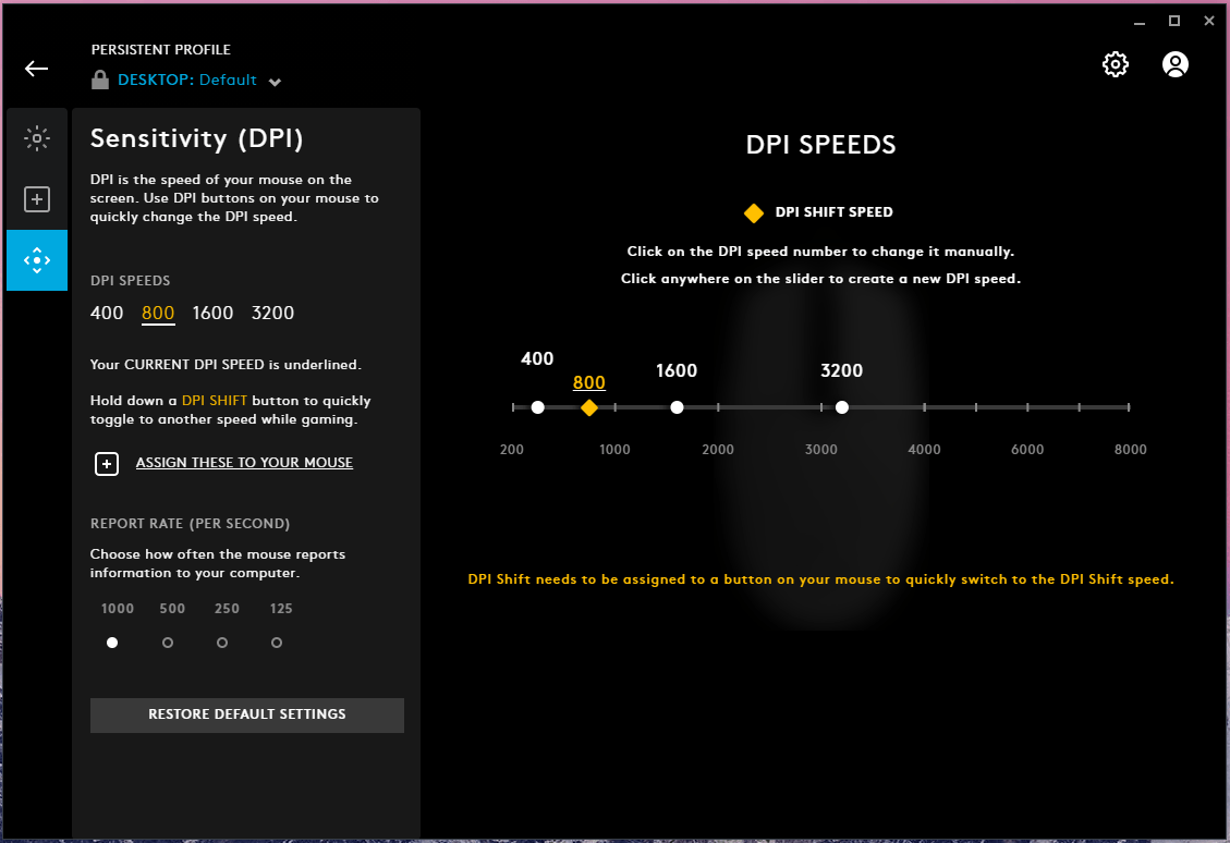 Set Sensitivity (DPI) in G Hub