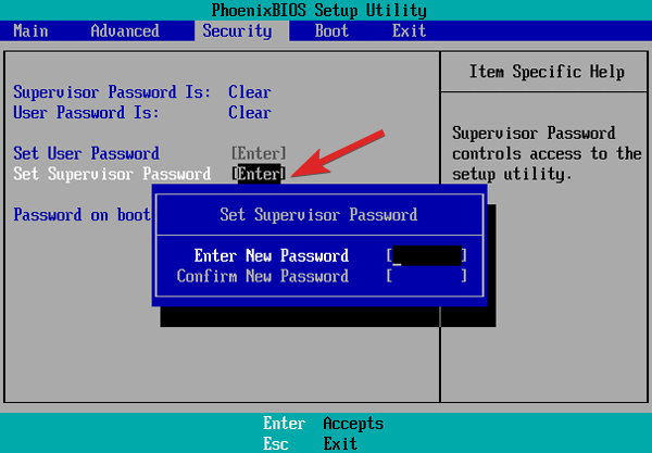 Set supervisor password in BIOS settings