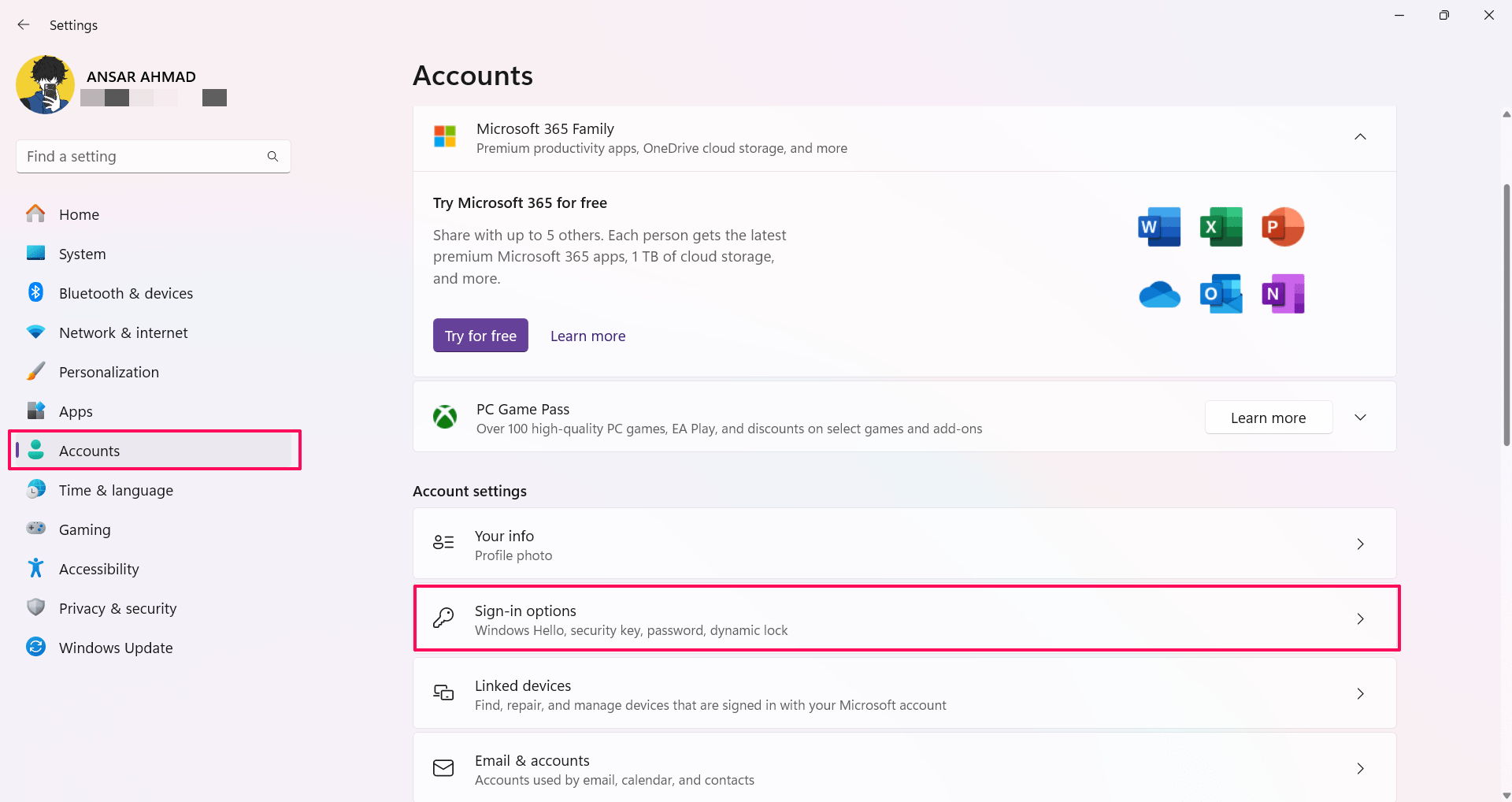 Click on Accounts and choose Sign-In option