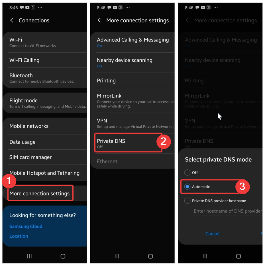 More connection Settings, Private DNS, Automatic