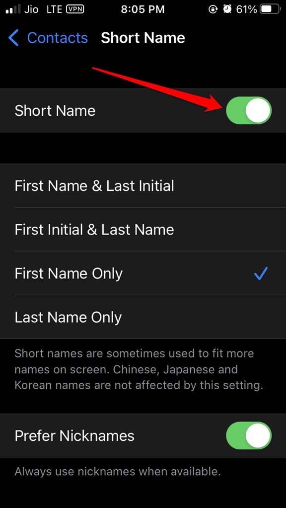Short name iOS Contacts