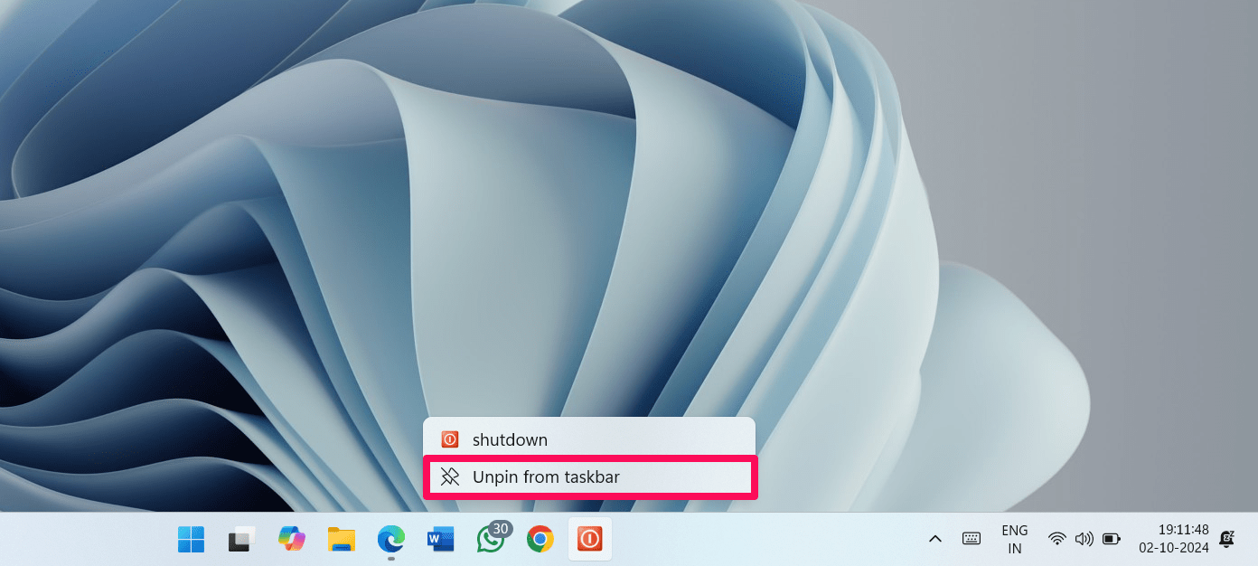 Right-click on shutdown shortcut and choose Unpin from taskbar