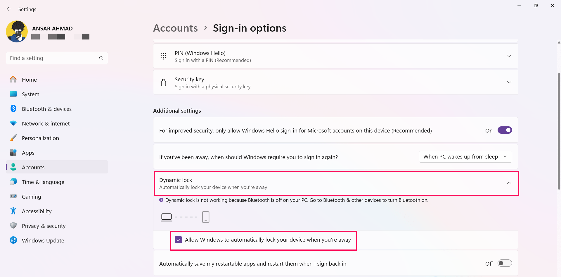 Uncheck the option to disable Dynamic Lock