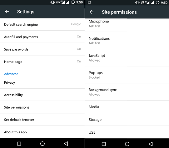 Site Permissions Settings in Edge for Android
