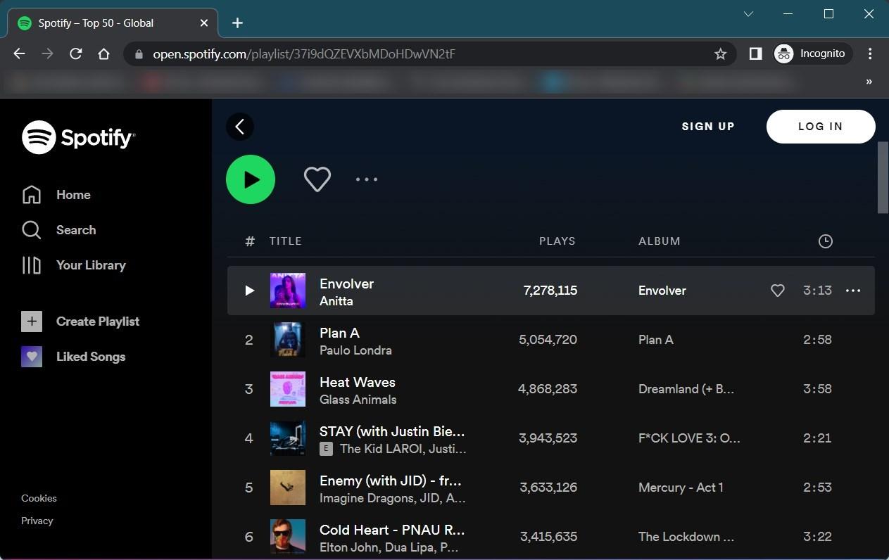 Spotify Web Player in Incognito Mode