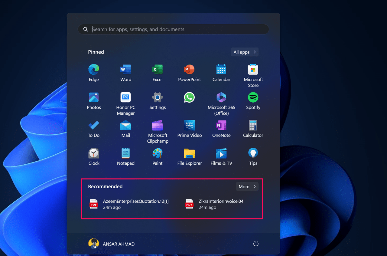 Window start menu recommended section