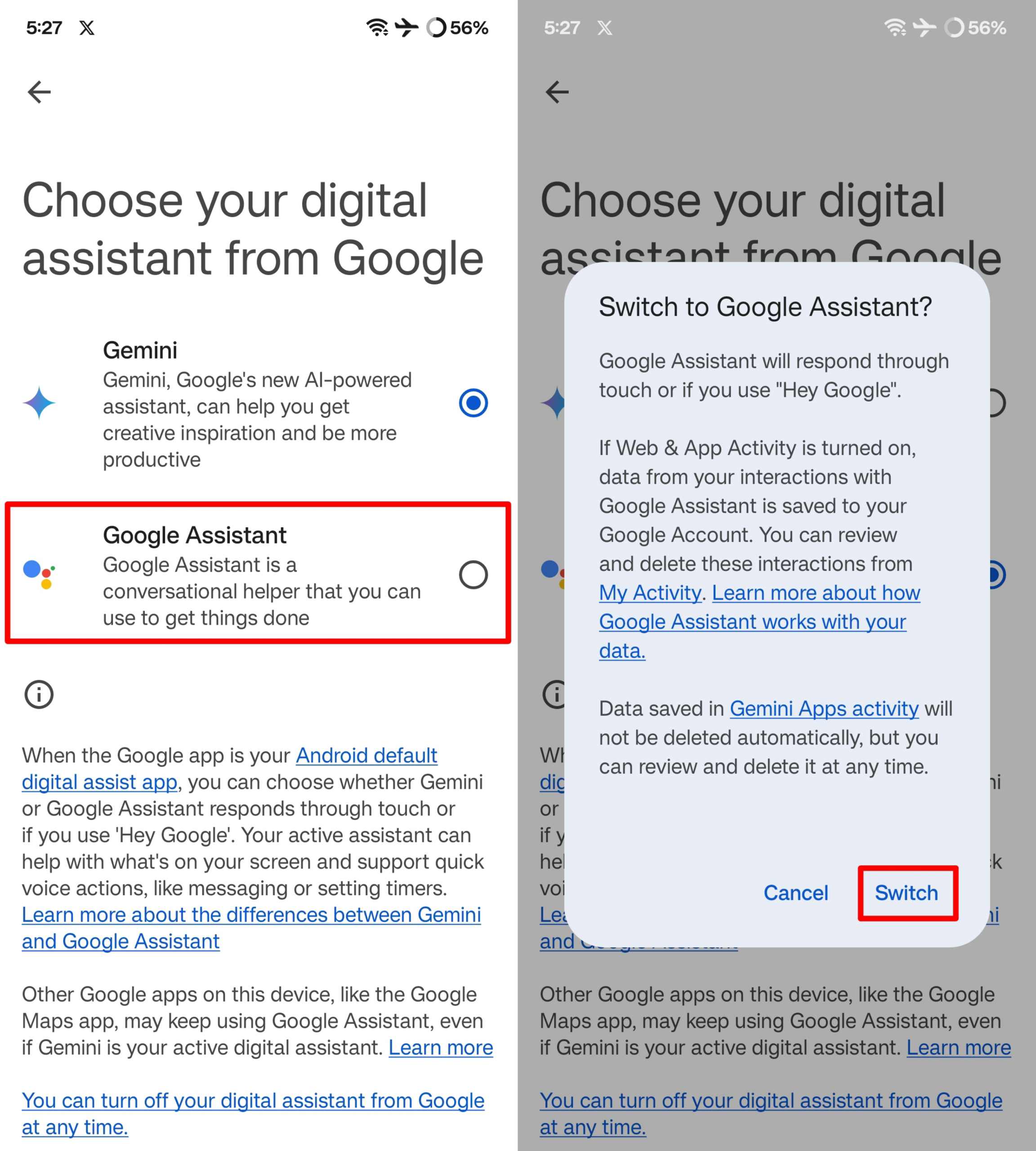 Switch back to Google Assistant