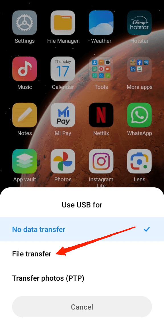 Switch to File Transfer and it will enable USB debugging on your device.