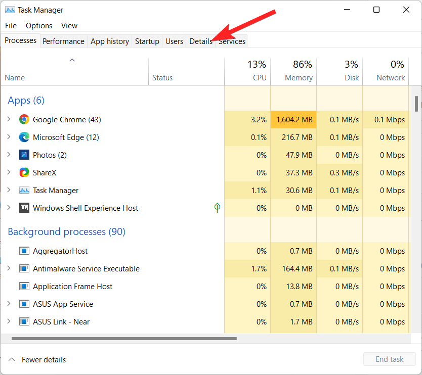 Switch to the details tab of Task Manager
