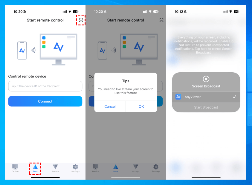 Tap OK to confirm the connection, then hit Start Broadcast