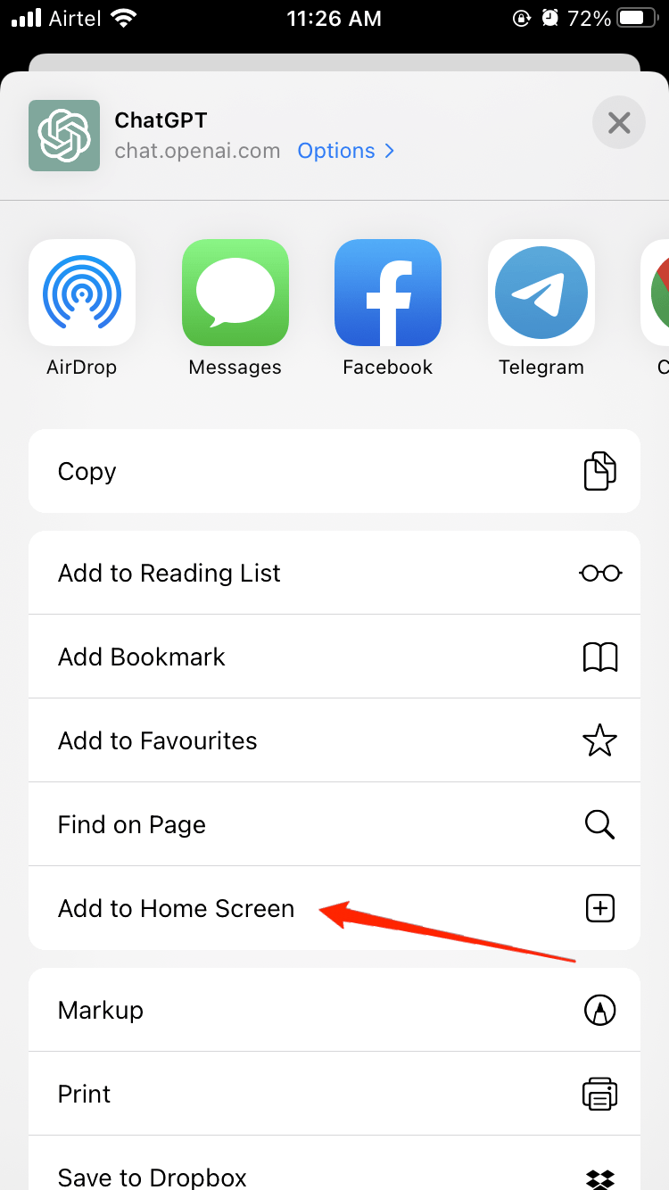 Tap on the Add to Home Screen tab from the lis