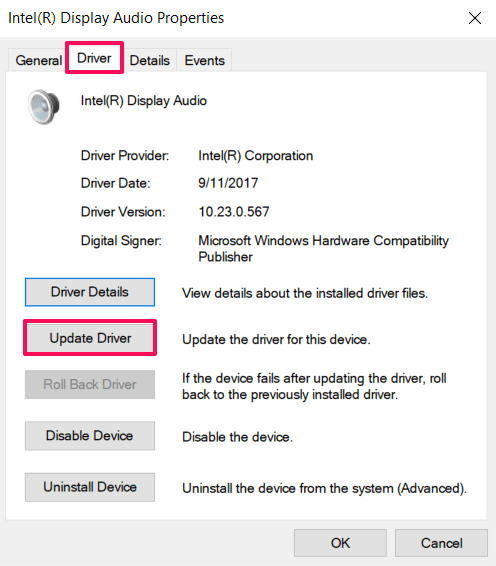 Tap on the Driver tab, and select Update Driver