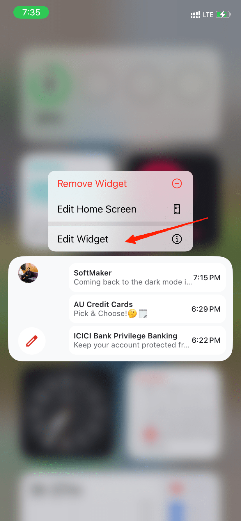 Tap on the widget and hold until the Edit menu pops out