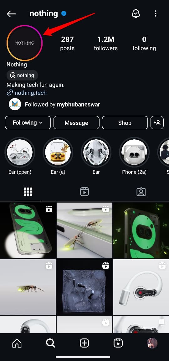 Tap the orange:pink circular band on the Instagram profile picture to view