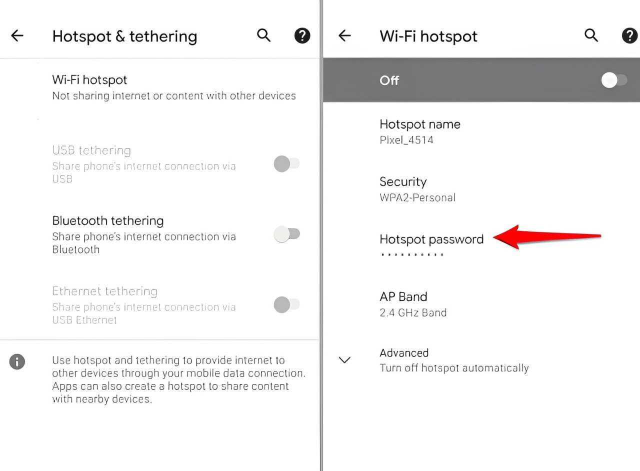 Tap on Wi-Fi hotspot and select Hotspot password from the following menu