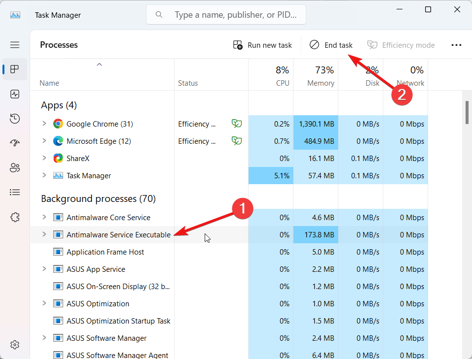 Terminate antimalware service executable process